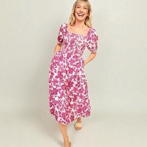 Fit & Flare Puff Sleeve Tiered Floral Midi Dress Sz M Pink Coquette Cottagecore